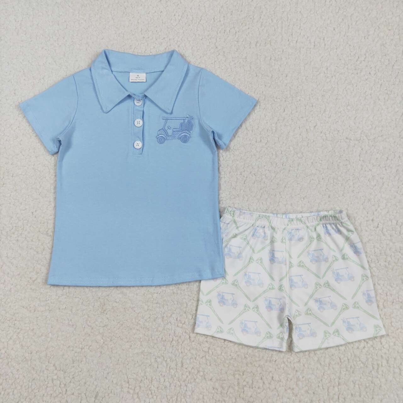 Blue embroidery shirt matching golf shorts boy summer outfit