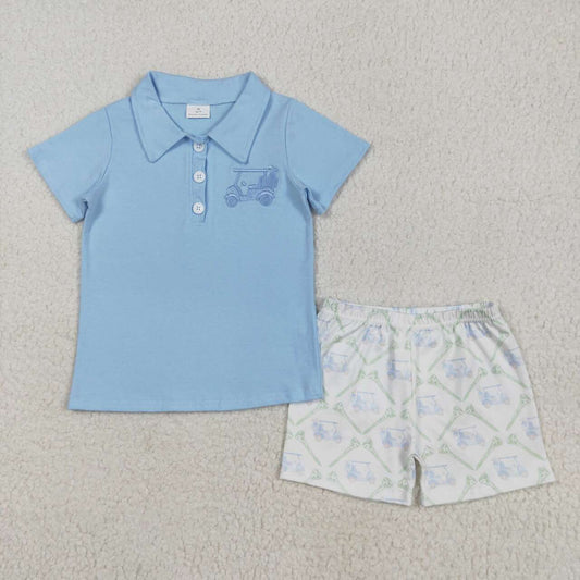 Blue embroidery shirt matching golf shorts boy summer outfit