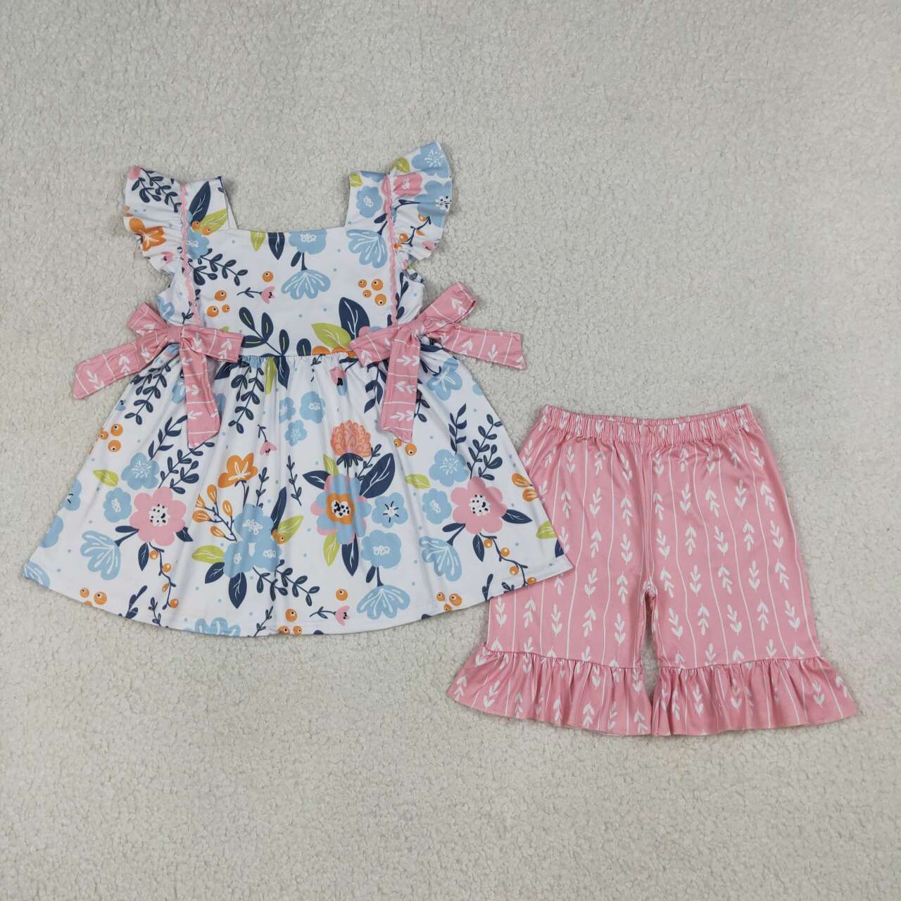 Blue floral shirt matching shorts girls summer outfit