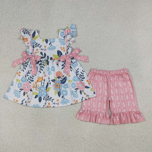 Blue floral shirt matching shorts girls summer outfit