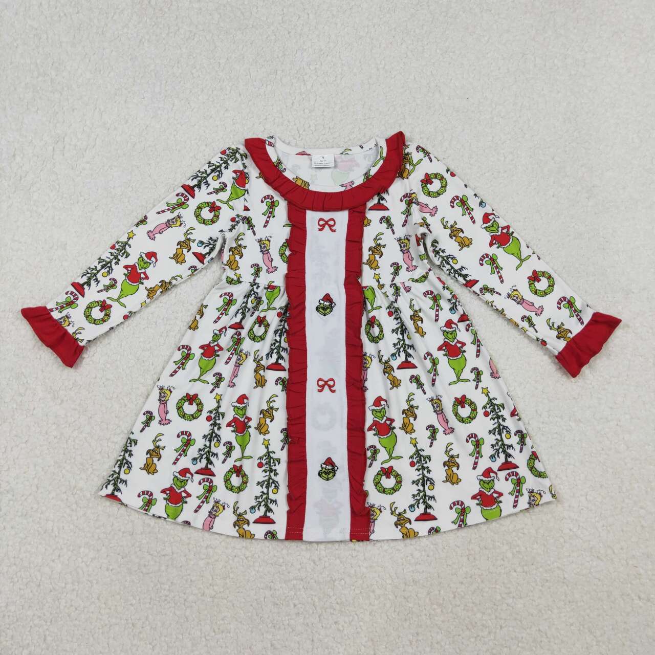 Christmas green face red bow girls long sleeve embroidery dress