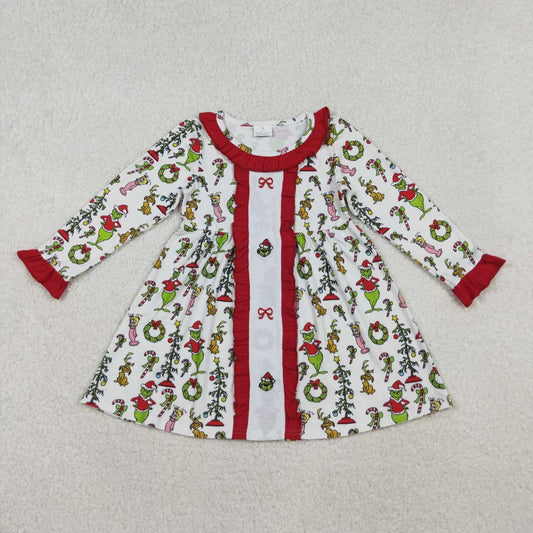 Christmas green face red bow girls long sleeve embroidery dress
