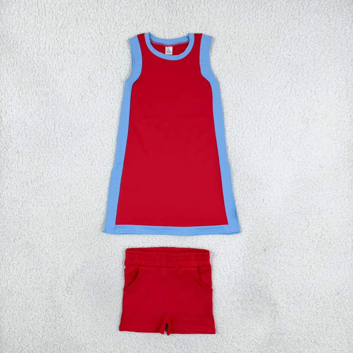 Red sleeveless yoga pullover top matching shorts girls outfit