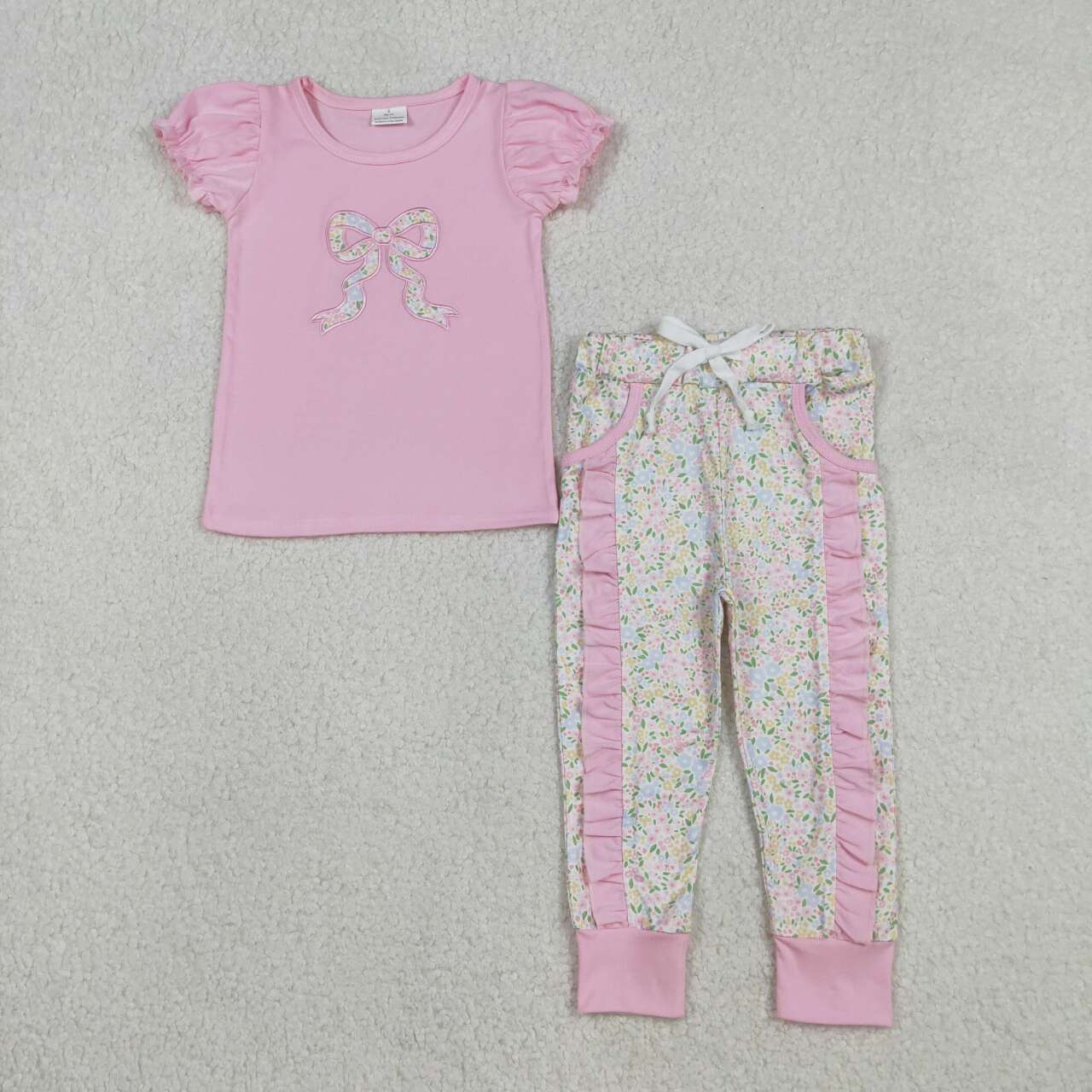 Toddle girls embroidery floral bow shirt matching pants  outfit set