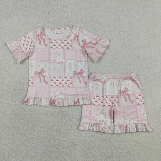 Pink bow top matching shorts girls summer outfit