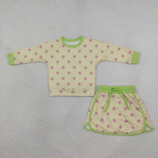 Yellow color polka dots long sleeve top matching shorts girls outfit
