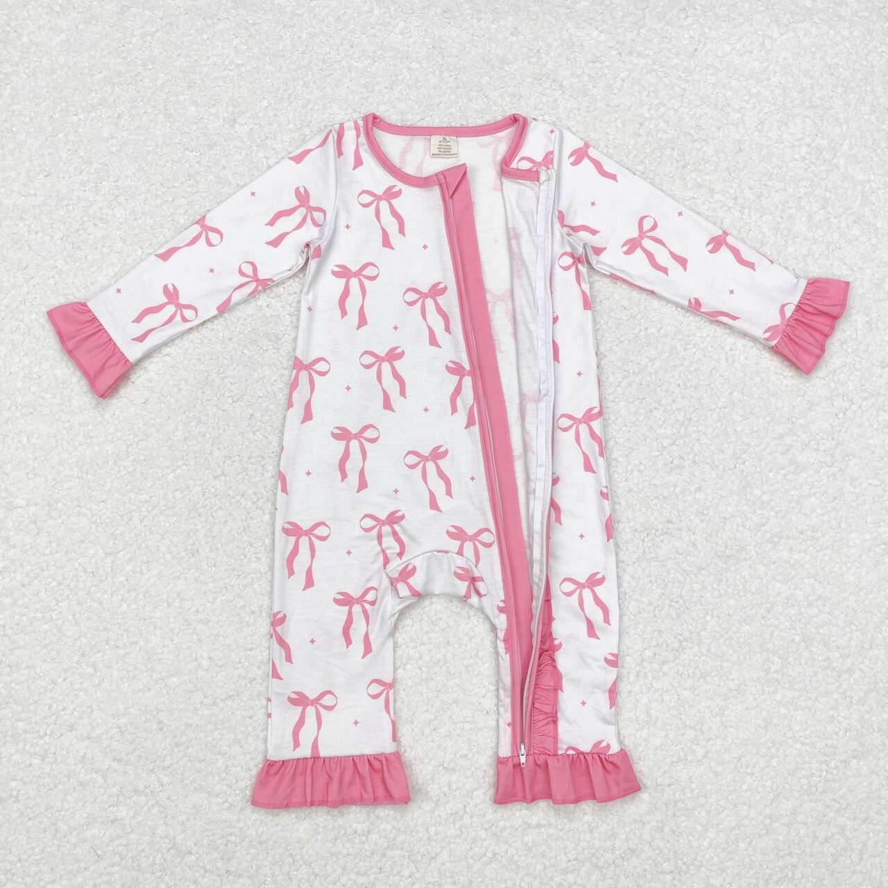 Wholesale kids girls pink bow long sleeve bamboo zip romper