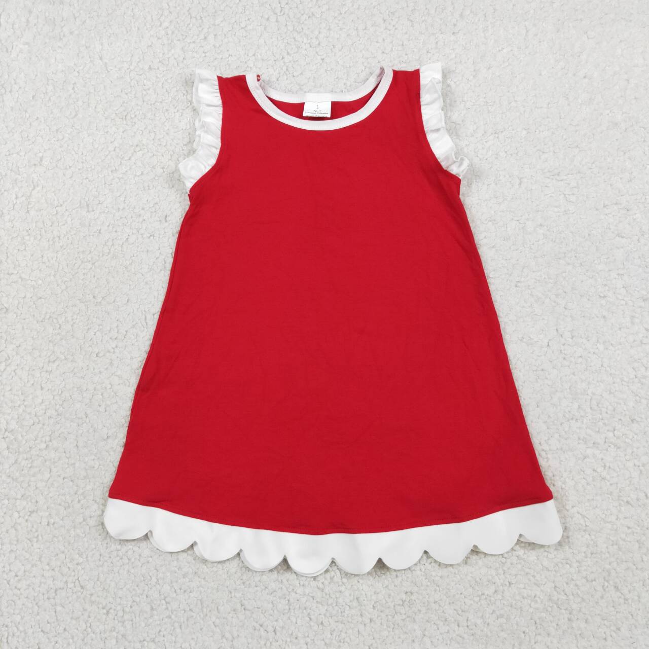 Red color white ruffle girls summer dress