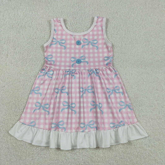 Blue bow pink plaid design girls summer dress
