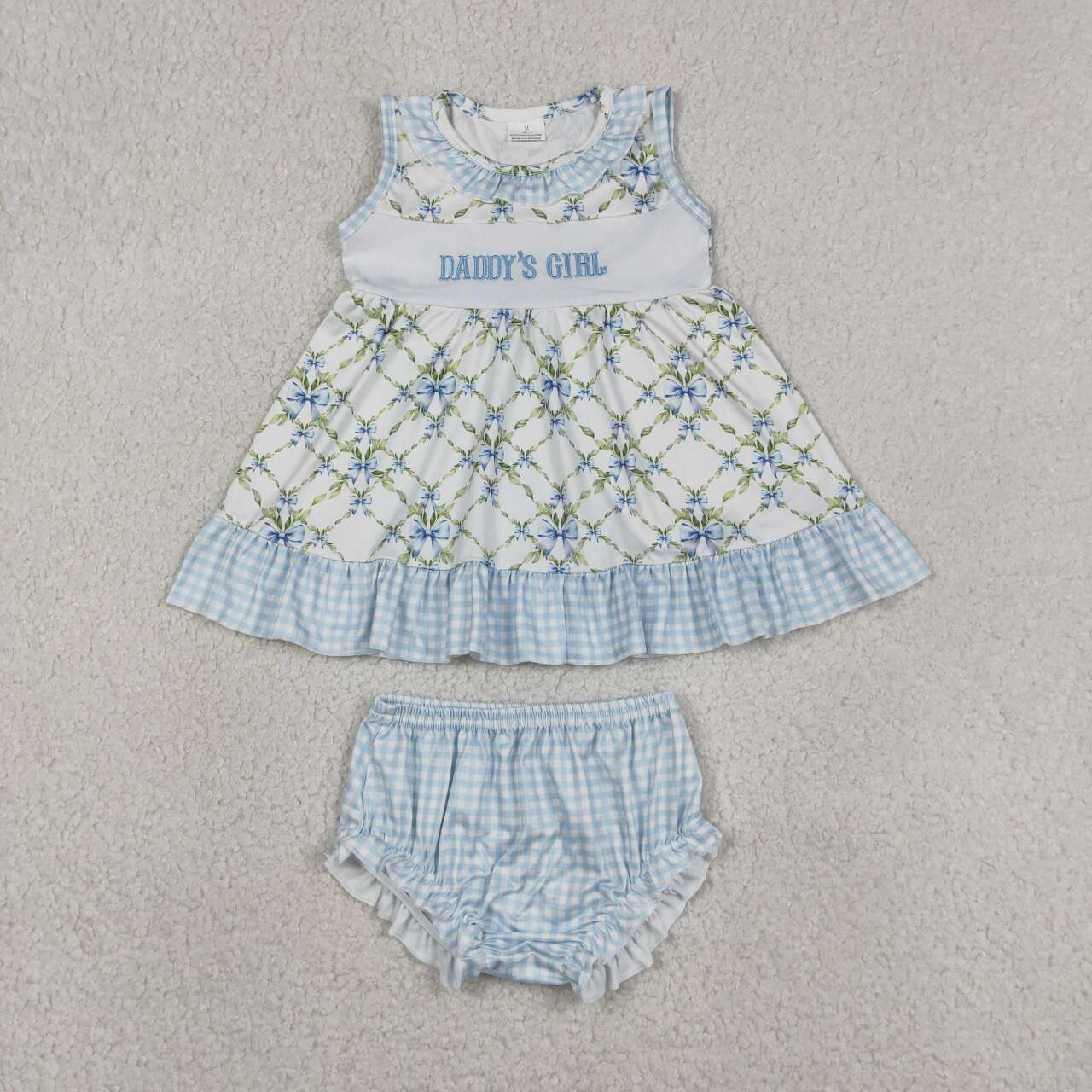 Embroidery Daddys girls blue bow summer bummies outfit
