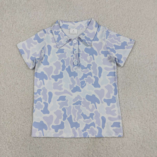 Blue camo print boy short sleeve pullover top