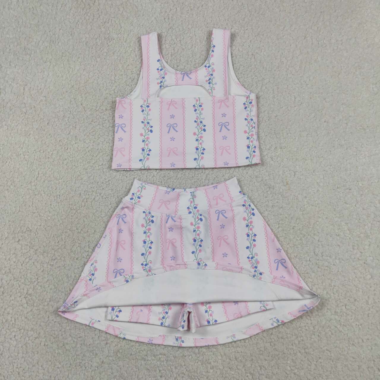 Pink blue bow yoga top matching skorts girls summer outfit