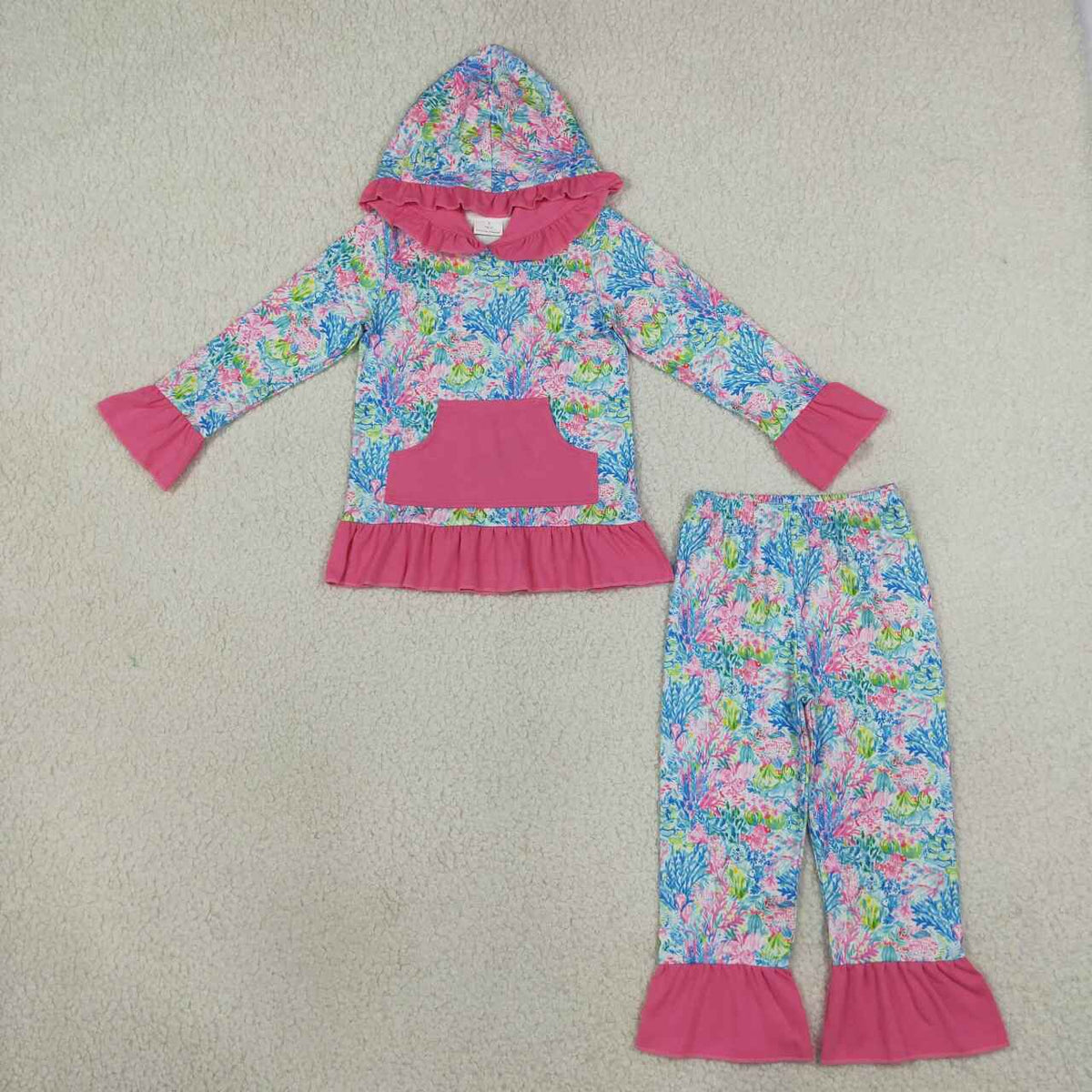 Coral print long sleeve top matching pants girls set outfit