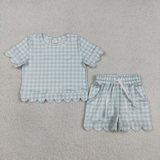Blue plaid color toddle baby girls summer outfit
