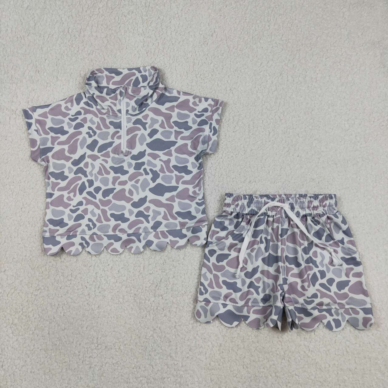 Grey Camo short sleeve pullover top matching shorts girl summer outfit