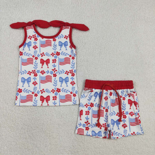 July 4th red bow top matching shorts girls outfit