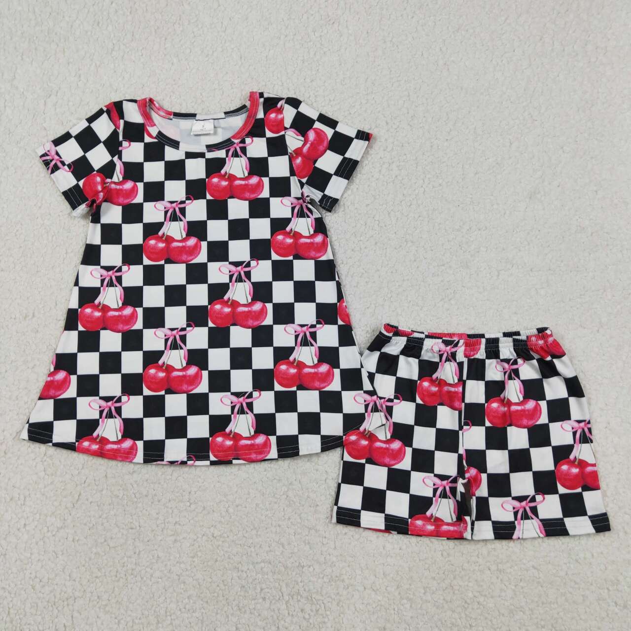 Black checkered cherry top matching short girl summer outfit