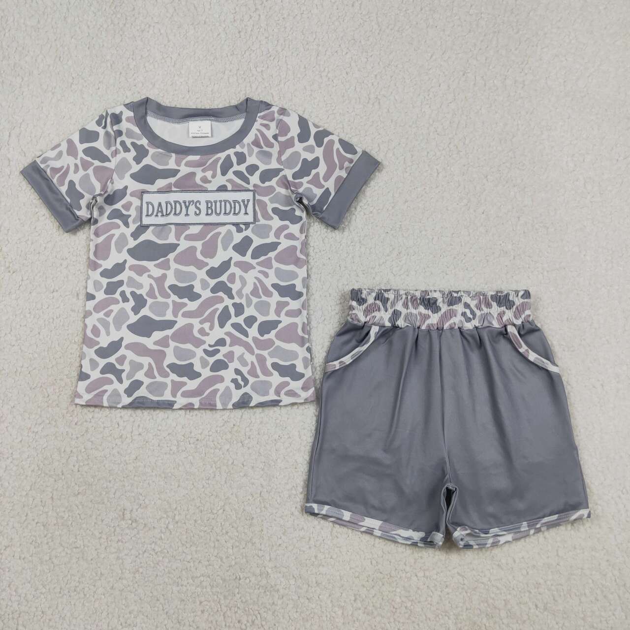 Embroidery Daddys buddy light grey camo top matching shorts boy summer outfit