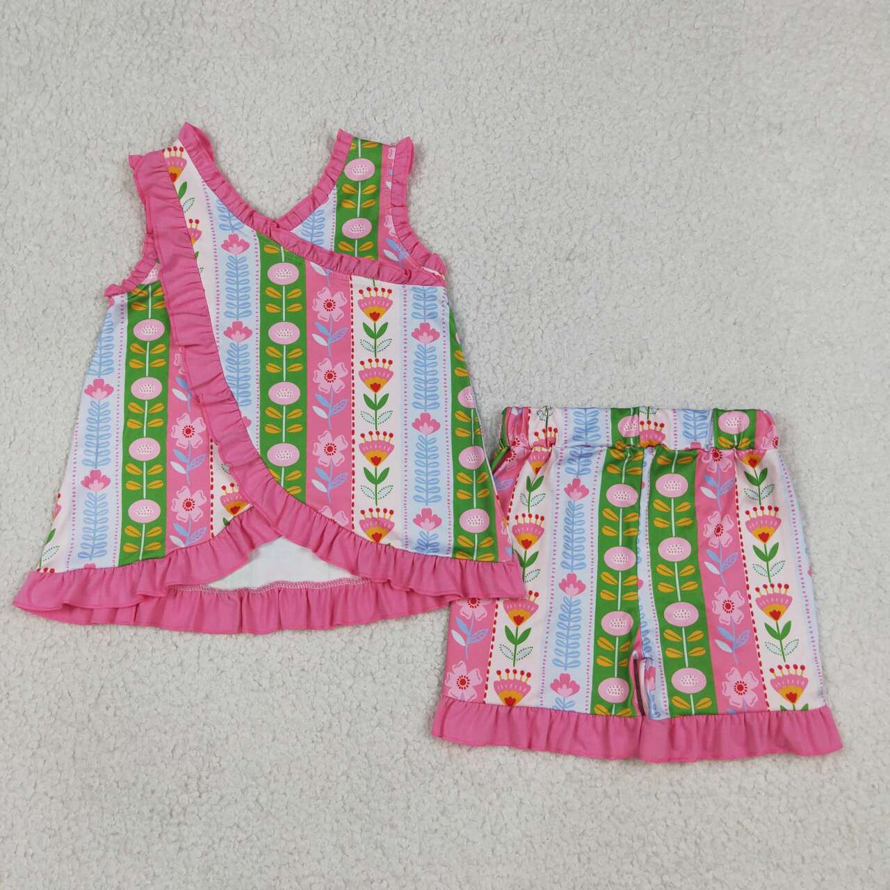 Pink flowers top matching shorts girls summer outfit
