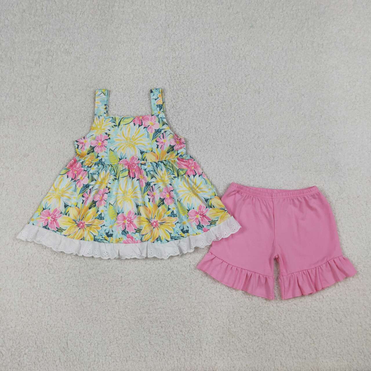 Pink flowers top matching shorts  girls summer outfit