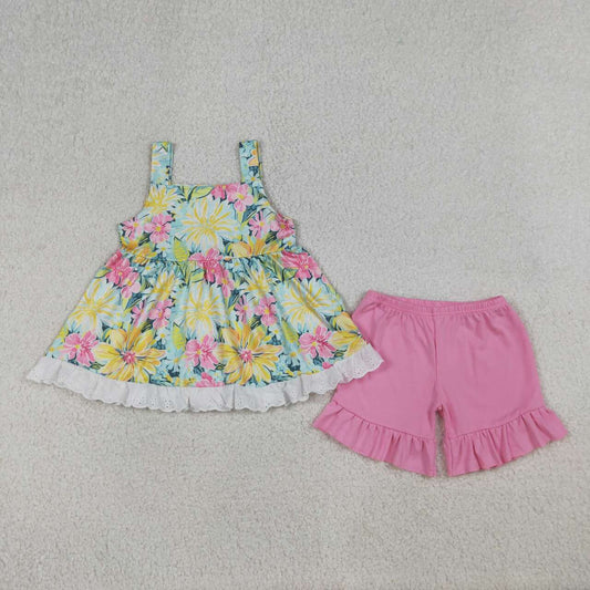 Pink flowers top matching shorts  girls summer outfit
