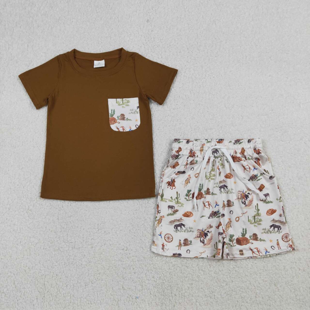 Western cowboy pocket top matching shorts boys summer outfit