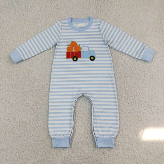 toddle baby boy blue stripes embroidery pumpkin trunk romper