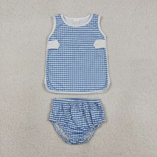Blue plaid style boys summer bummies outfit