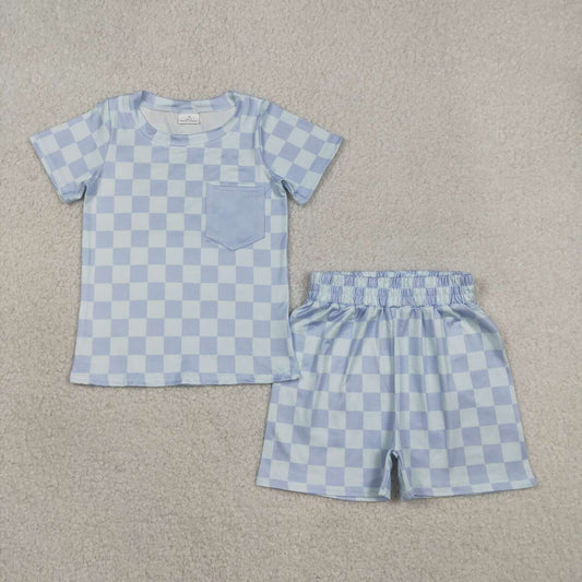 Blue plaid top matching shorts boy outfit