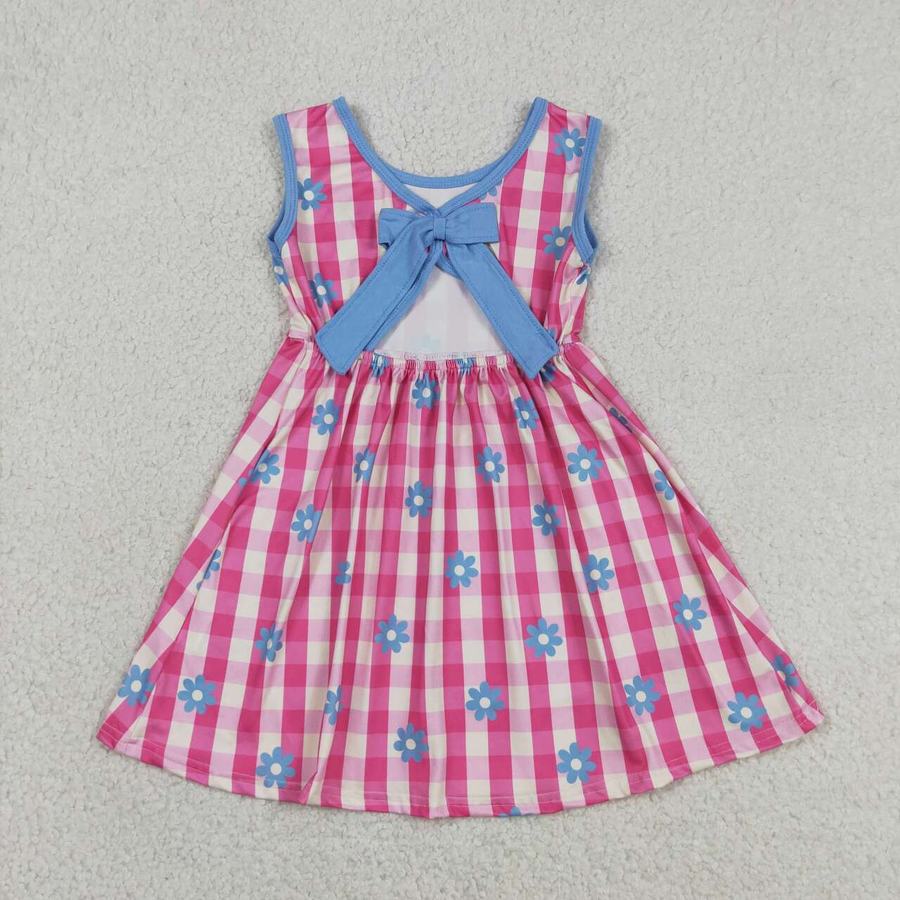 Blue flowers pink plaid girls summer dress
