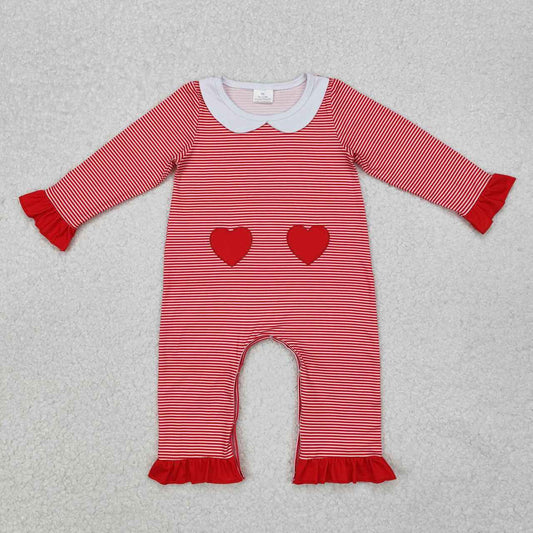 Valentines day embroidery red heart stripes girls romper