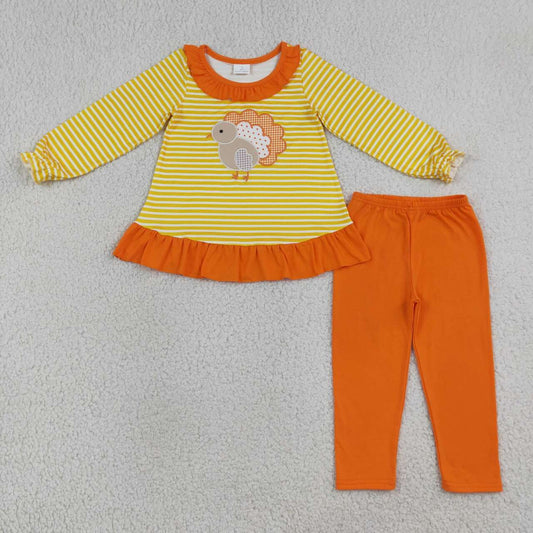 Thanksgiving turkey embroidery print long sleeve top matching pants girl outfit