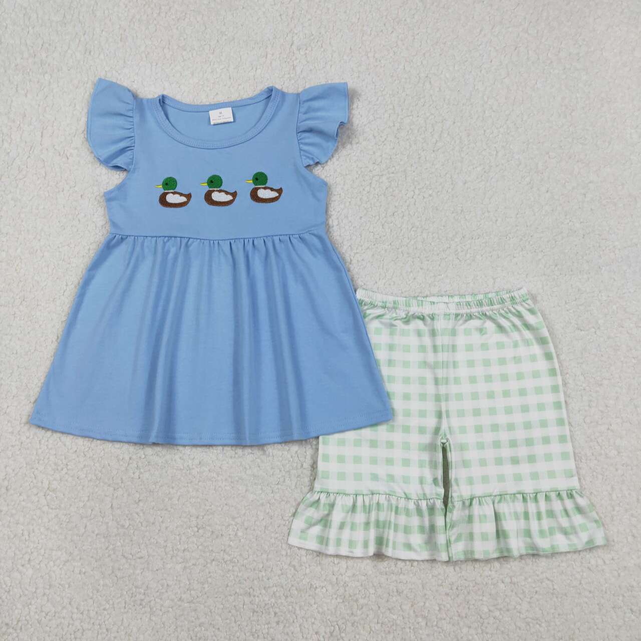 Mallard duck embroidery shirt plaid shorts kids girls summer outfit