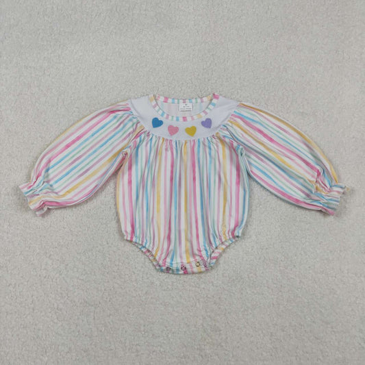 Embroidery Valentines heart  baby girl long sleeve stripes romper