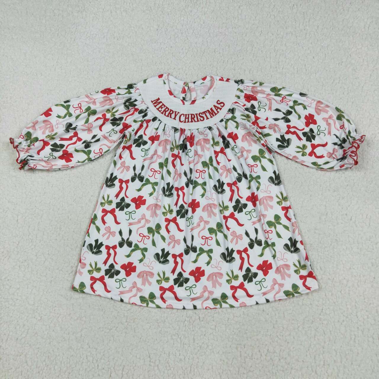 Merry Christmas green red bow smocked dress