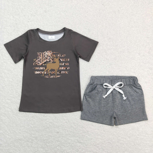 boy reindeer hunting top grey shorts outfit