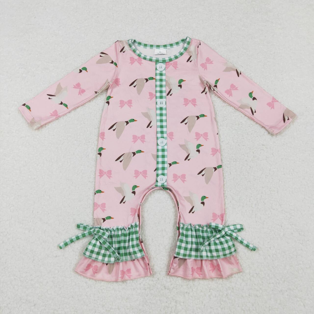 Mallard duck pink bow long sleeve fall romper