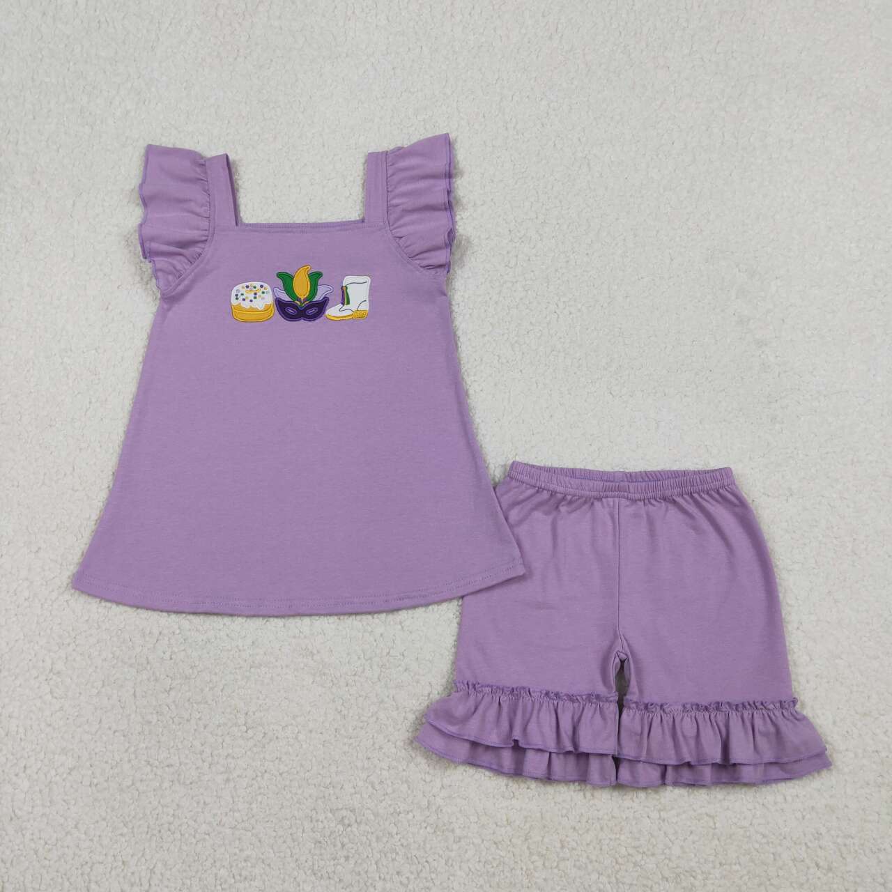 Mardi Gras embroidery top matching shorts girl summer outfit