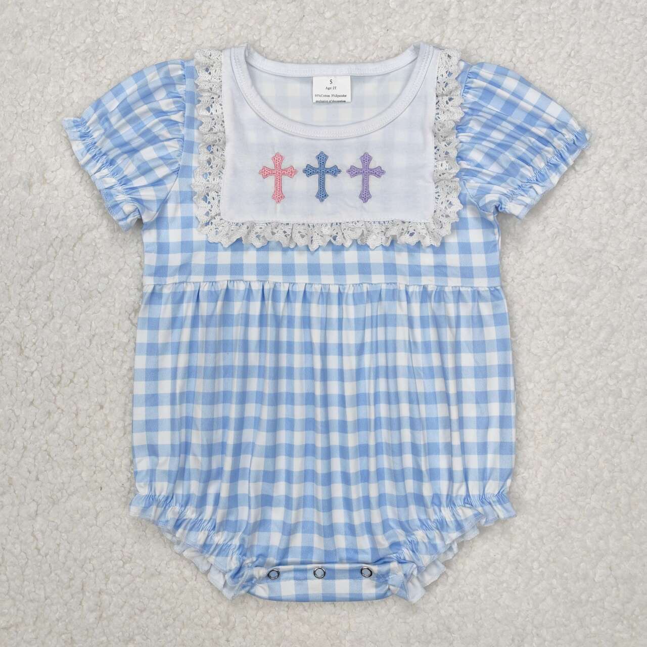 Toddle baby girl embroidery Easter cross blue plaid romper