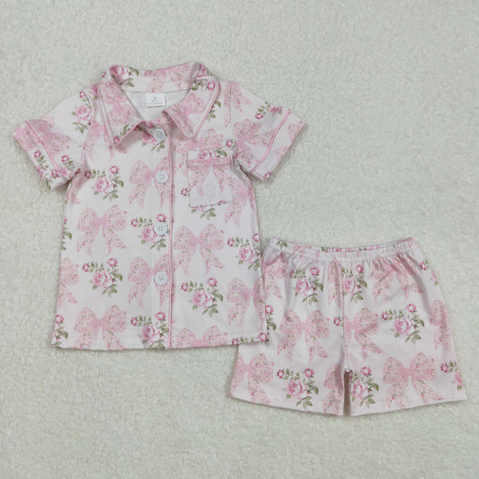 Baby girl pink bow floral summer pajama set