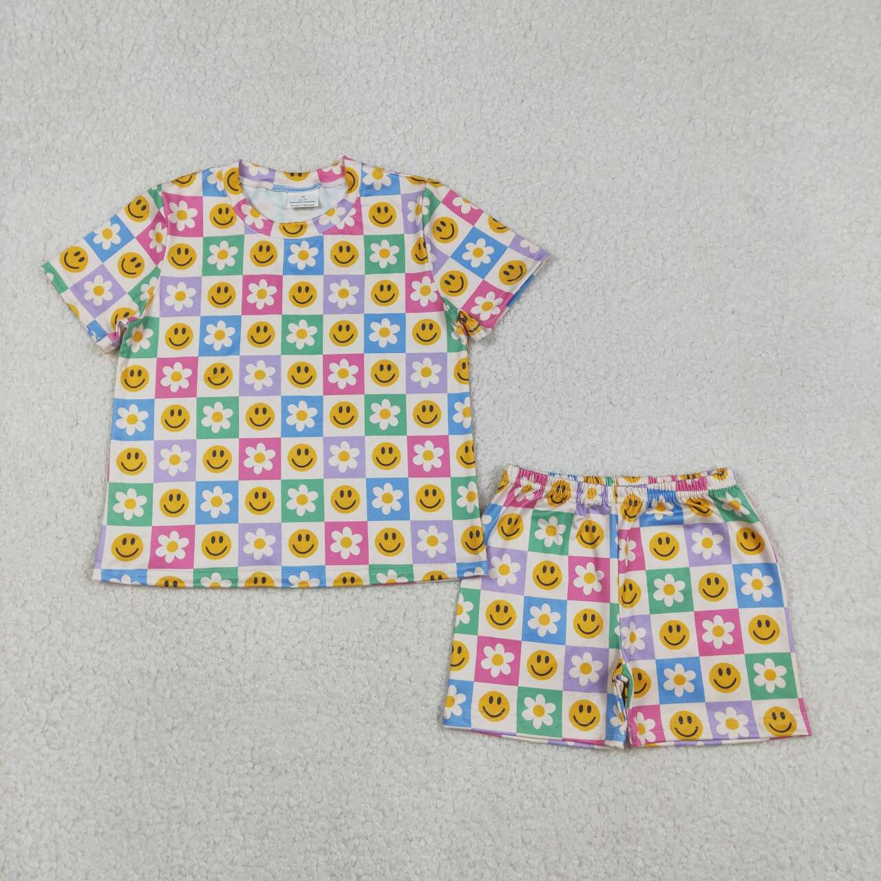 Smile face flowers top matching shorts girls summer outfit