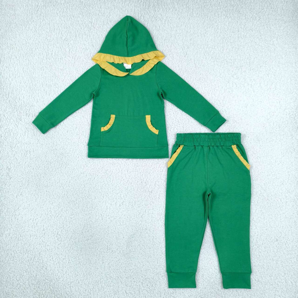 Long sleeve green hoodie top matching pants girls wholesale factory price outfit
