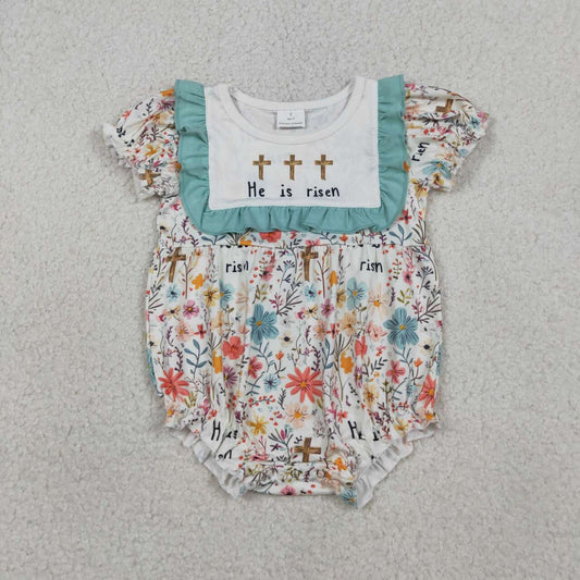 Easter he is risen baby short sleeve floral romper