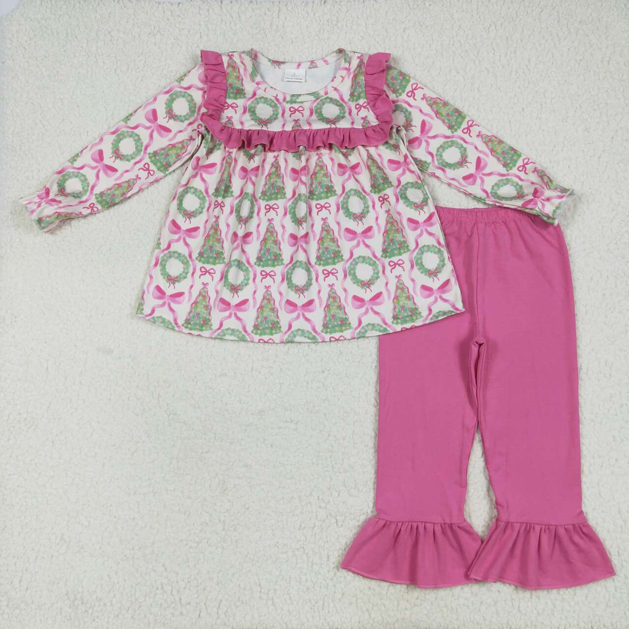 Christmas tree pink bow long sleeve top matchin pants girls winter matching outfit