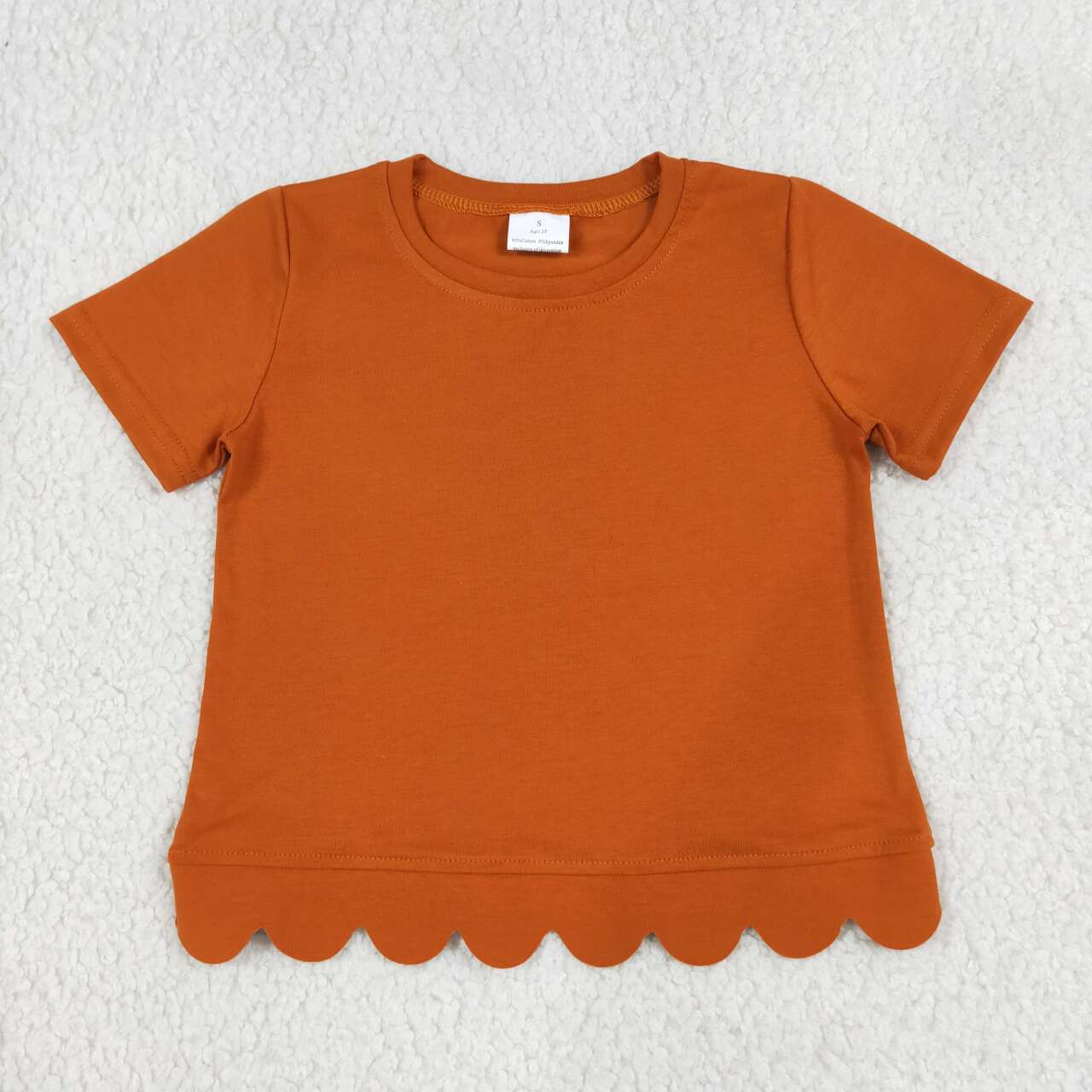 Orange color kids girls short sleeve scalloped cotton top
