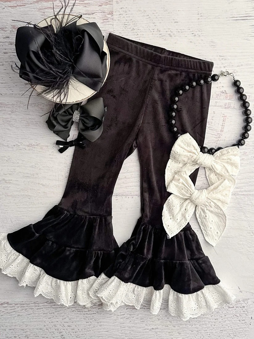 Black velvet lace ruffle baby girls bell bottoms preorder