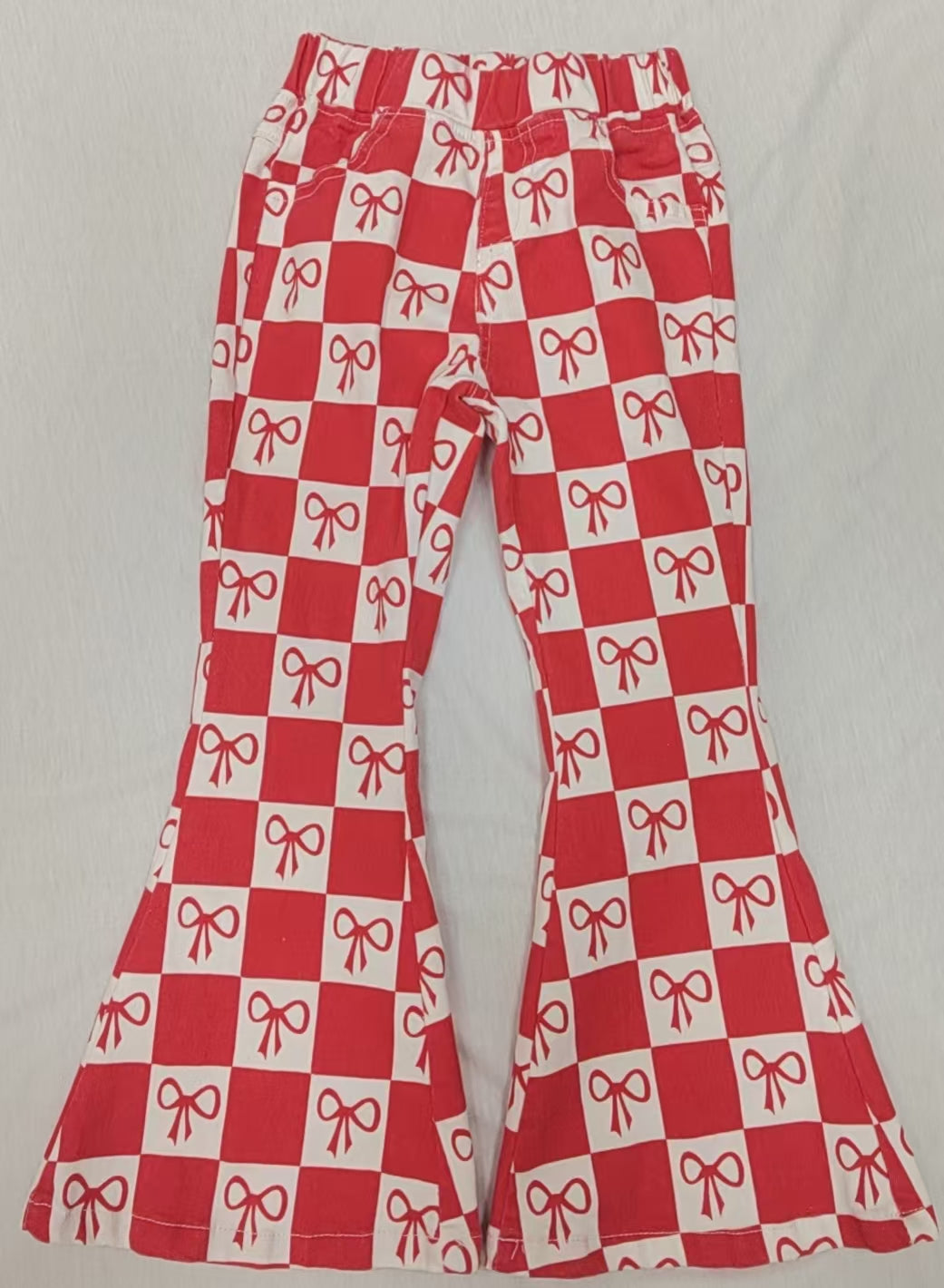 Red bow checkered jeans bell bottoms preorder
