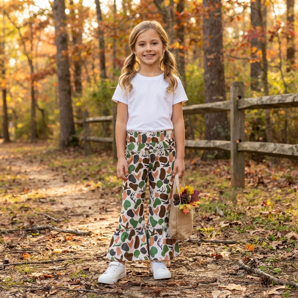 Deer duck camo print girls bell bottoms