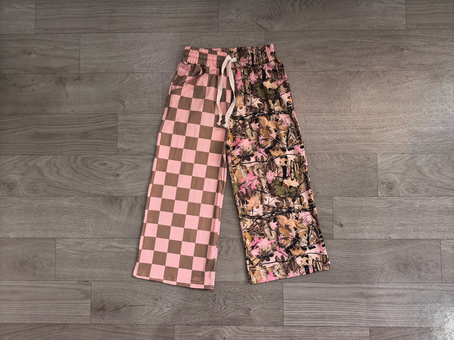Pink khaki plaid print girls milk silk pants preorder