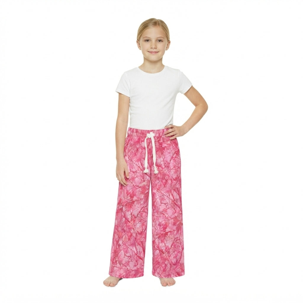 Pink leaves print girls milk silk pants
